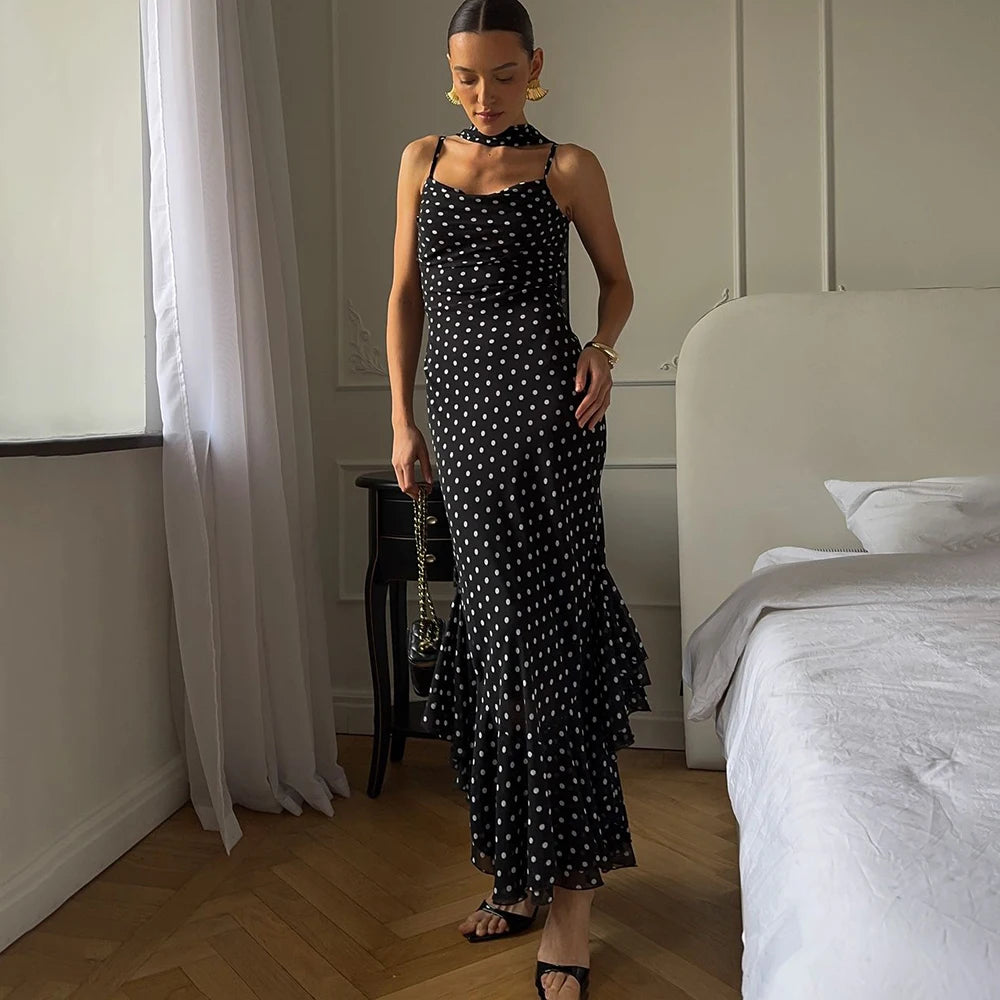 Women’s Black Polka Dot Maxi Dress | Elegant Cowl Neck Slip Dress with Matching Scarf for Vacation & Evening Wear