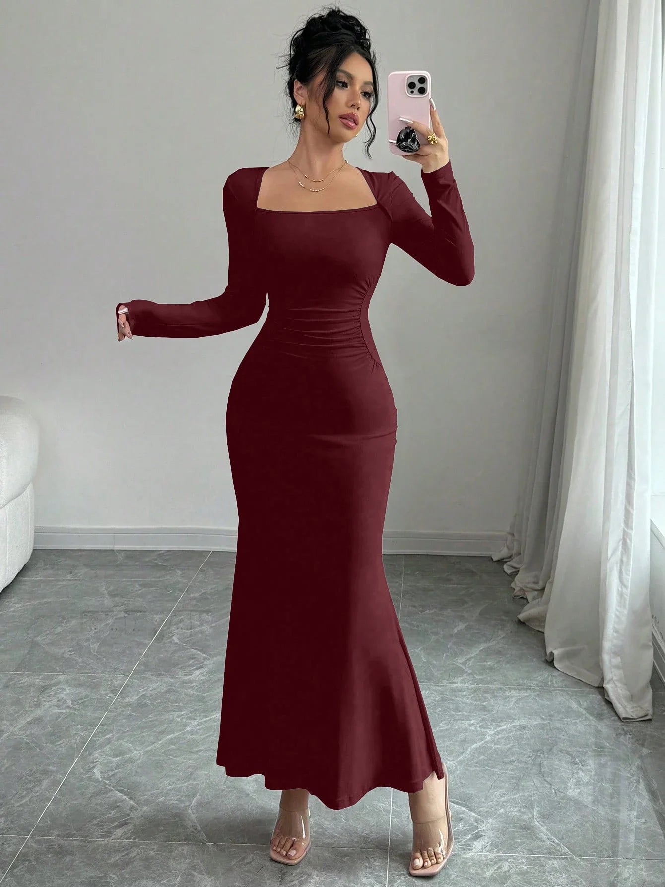 Women’s Square Neck Maxi Dress | Long Sleeve Ruched Bodycon Mermaid Dress for Weddings, Date Nights & Elegant Evening Wear