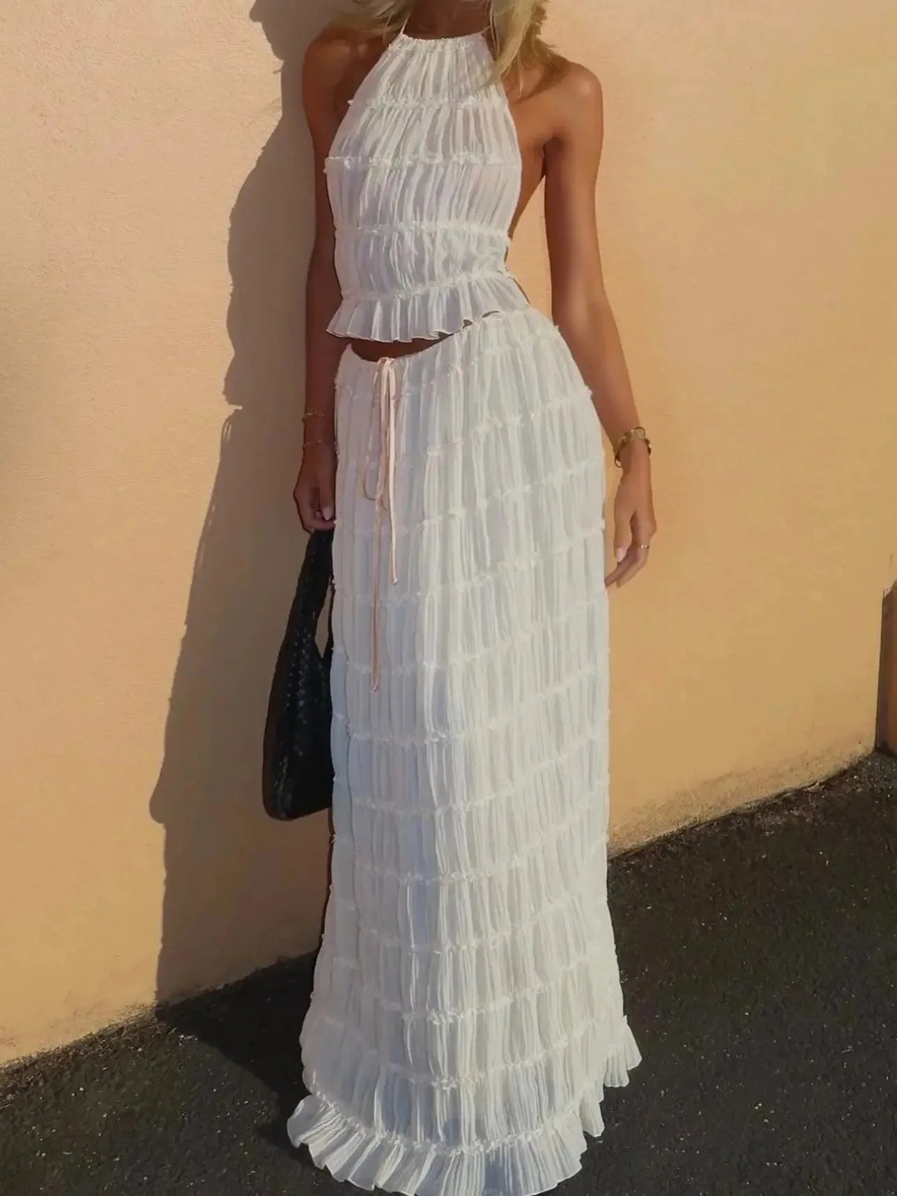 Women's Textured Halter Crop Top & Maxi Skirt Co-Ord Set | Elegant Resort Two Piece Outfit