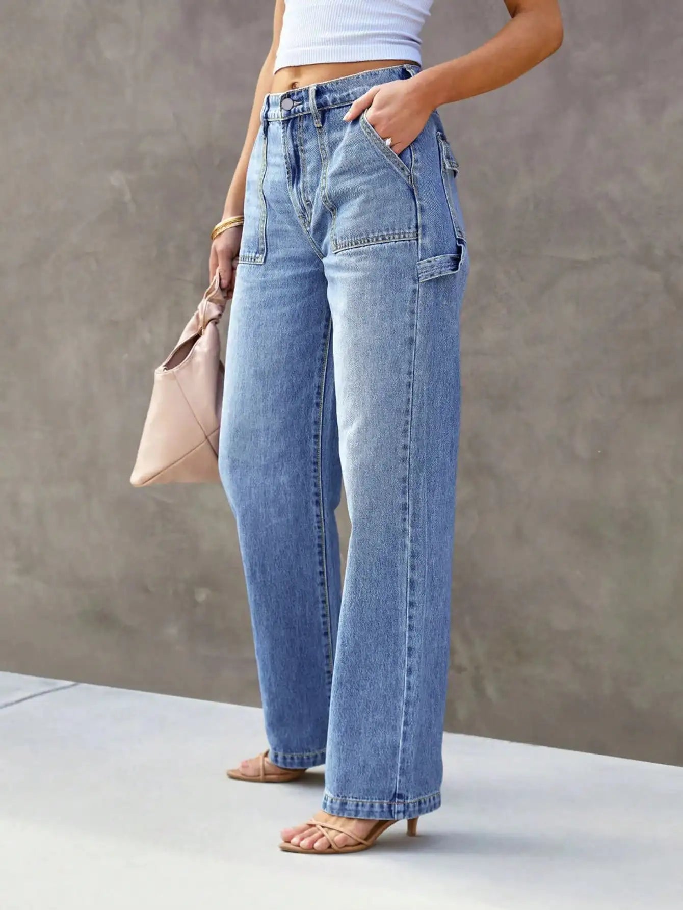 Women High Waist Straight Leg Cargo Jeans Casual Relaxed Fit Denim Pants