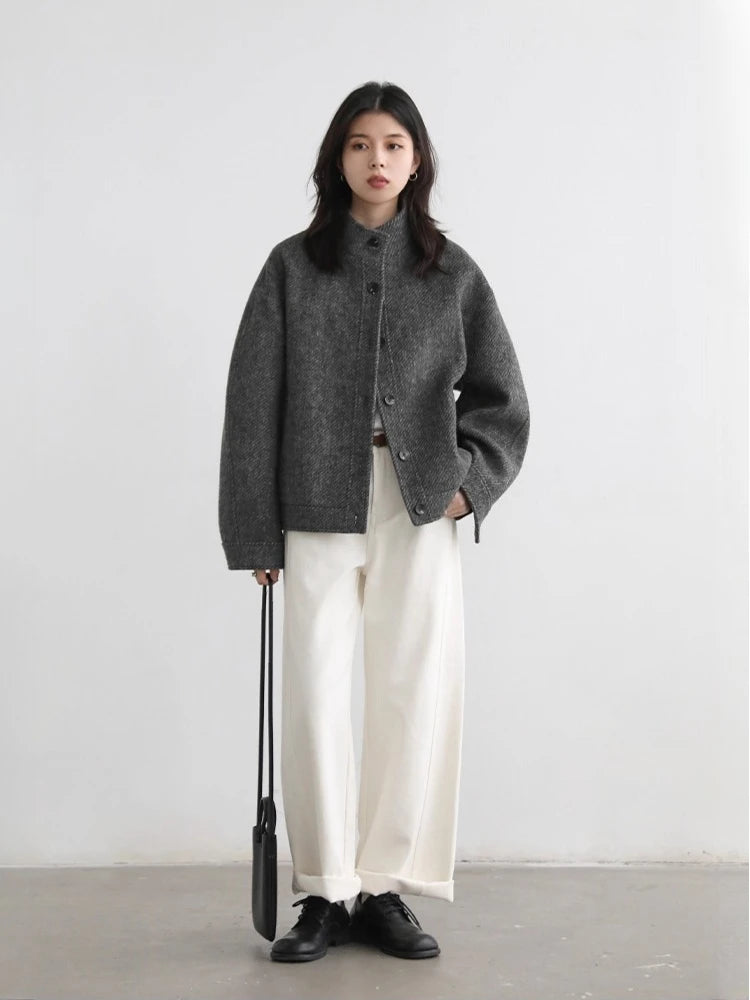 Women’s Minimalist Grey Wool Blend Jacket | Oversized Button Front Casual Coat