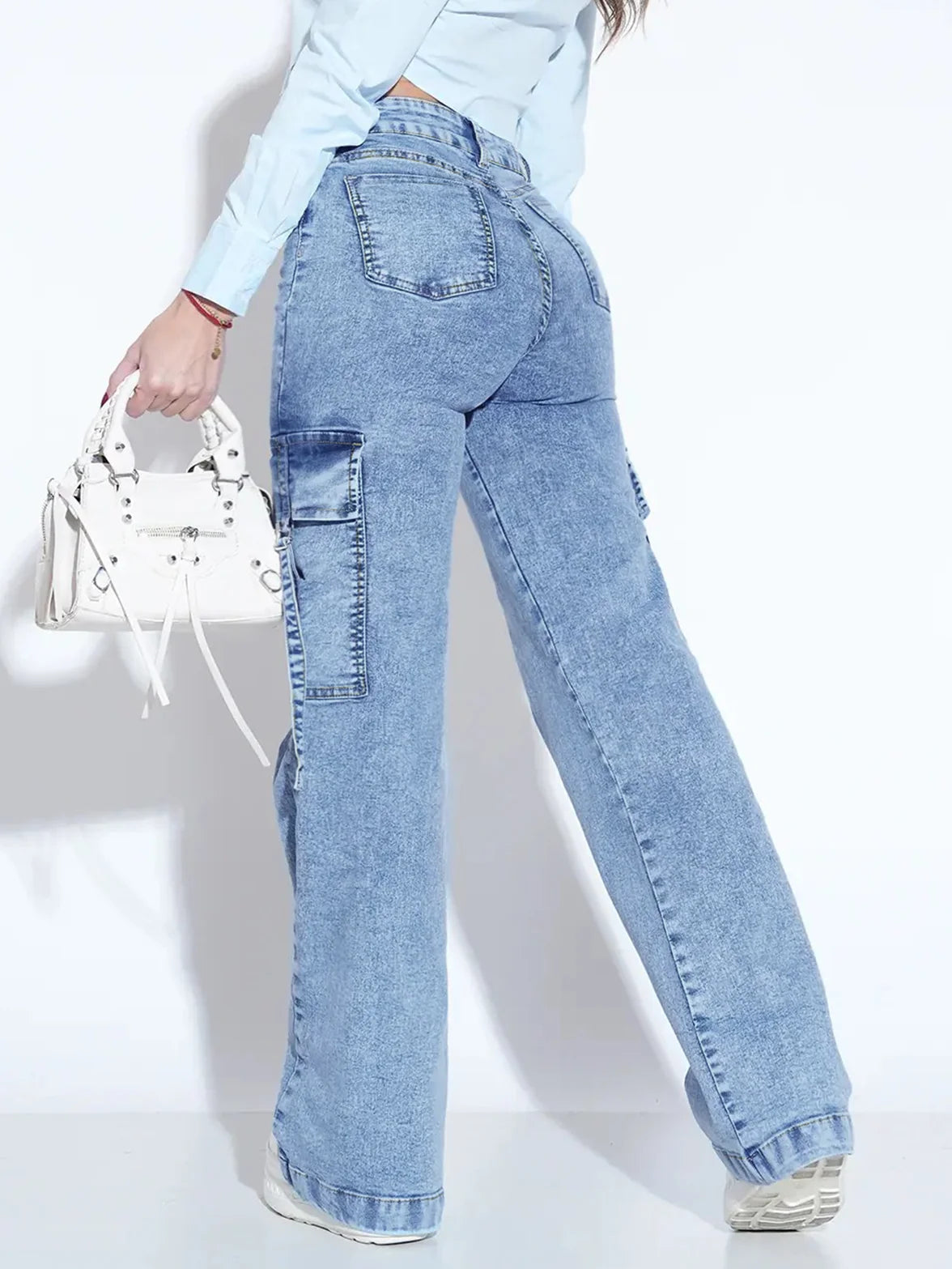 Women High Waist Cargo Wide Leg Jeans Streetwear Baggy Denim Pants