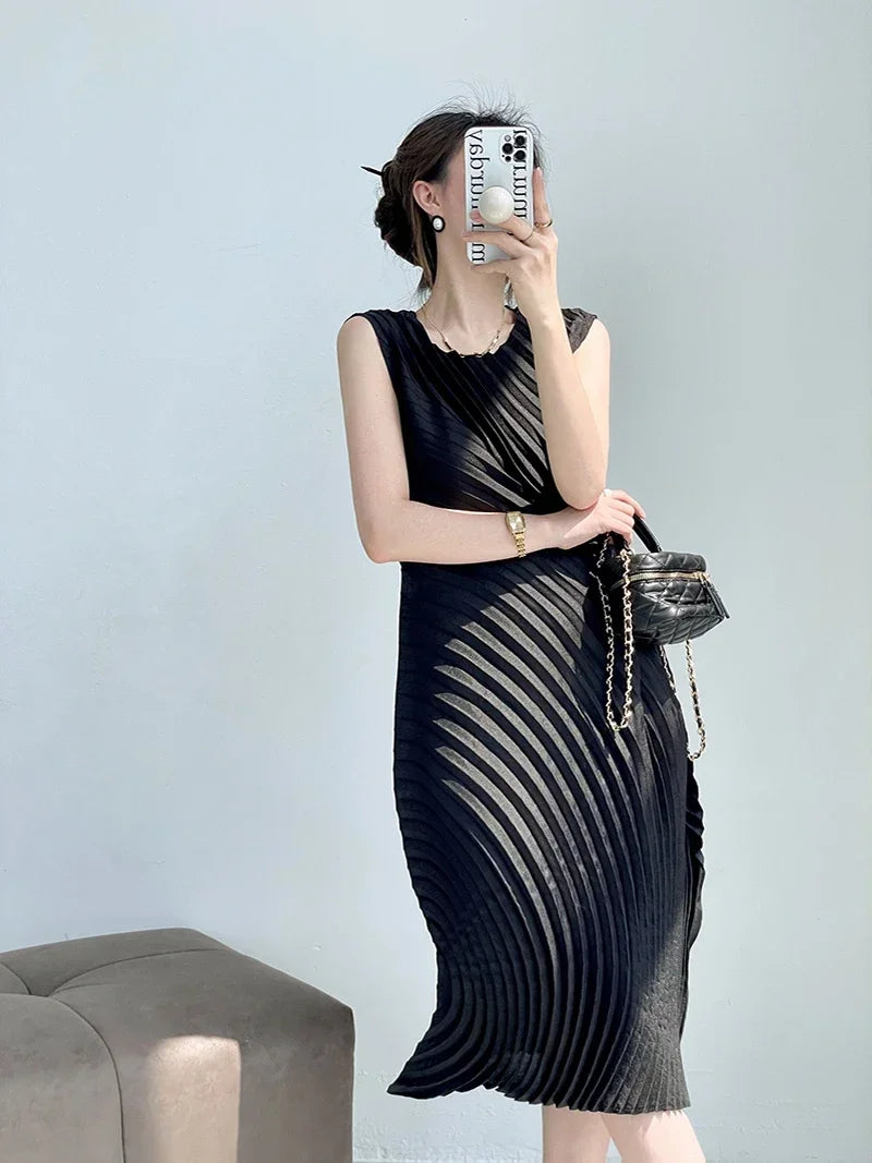 Pleated Midi Dress Women | Sleeveless Loose Fit Elegant Minimalist Dress