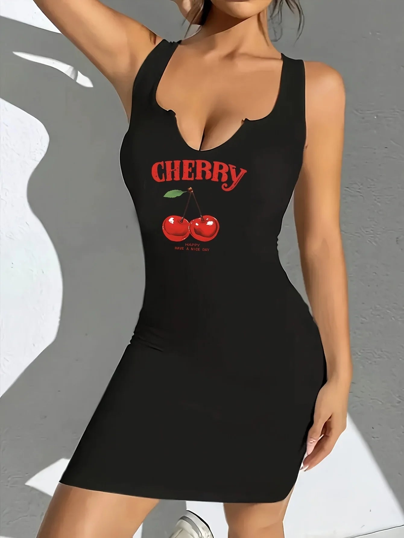 Women’s Black Cherry Graphic Bodycon Mini Dress | Y2K Sleeveless Casual Summer Dress for Streetwear & Everyday Wear