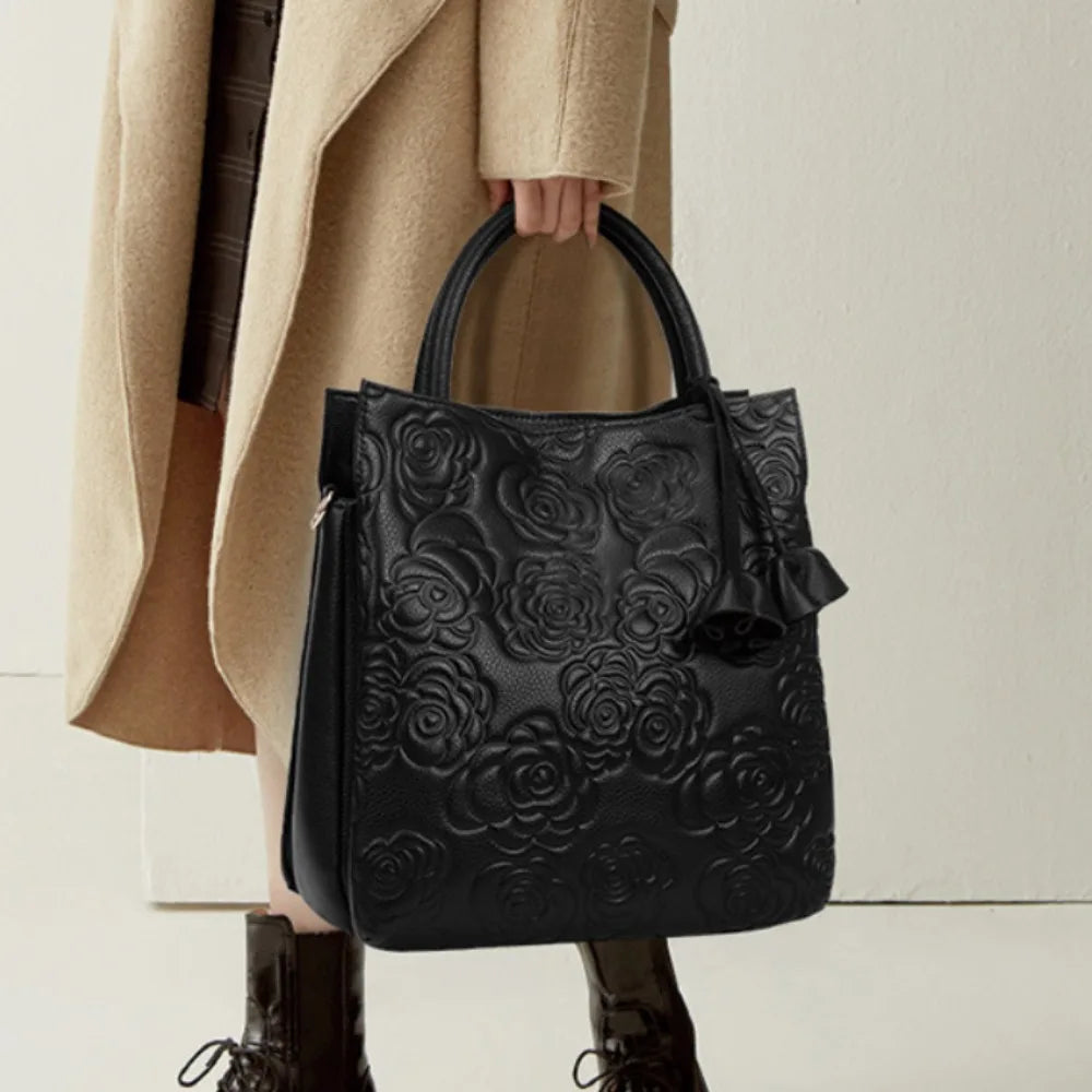 Floral Embossed Tote Bag for Women | Luxury Shoulder Handbag | Elegant Designer Shopper Purse | Large Capacity Everyday Tote