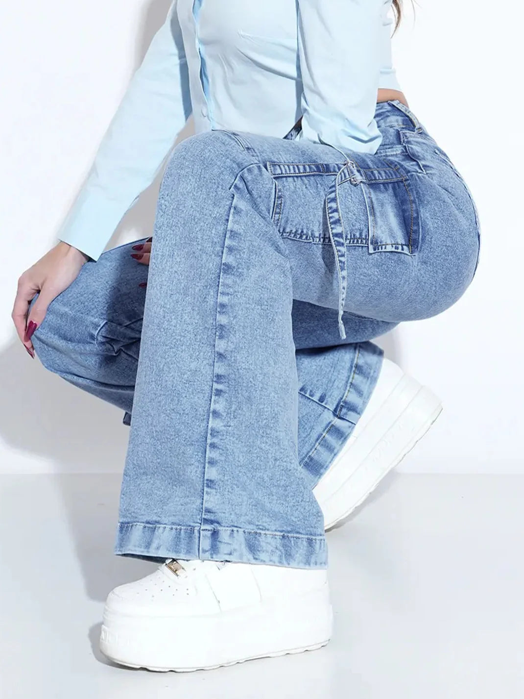 Women High Waist Cargo Wide Leg Jeans Streetwear Baggy Denim Pants