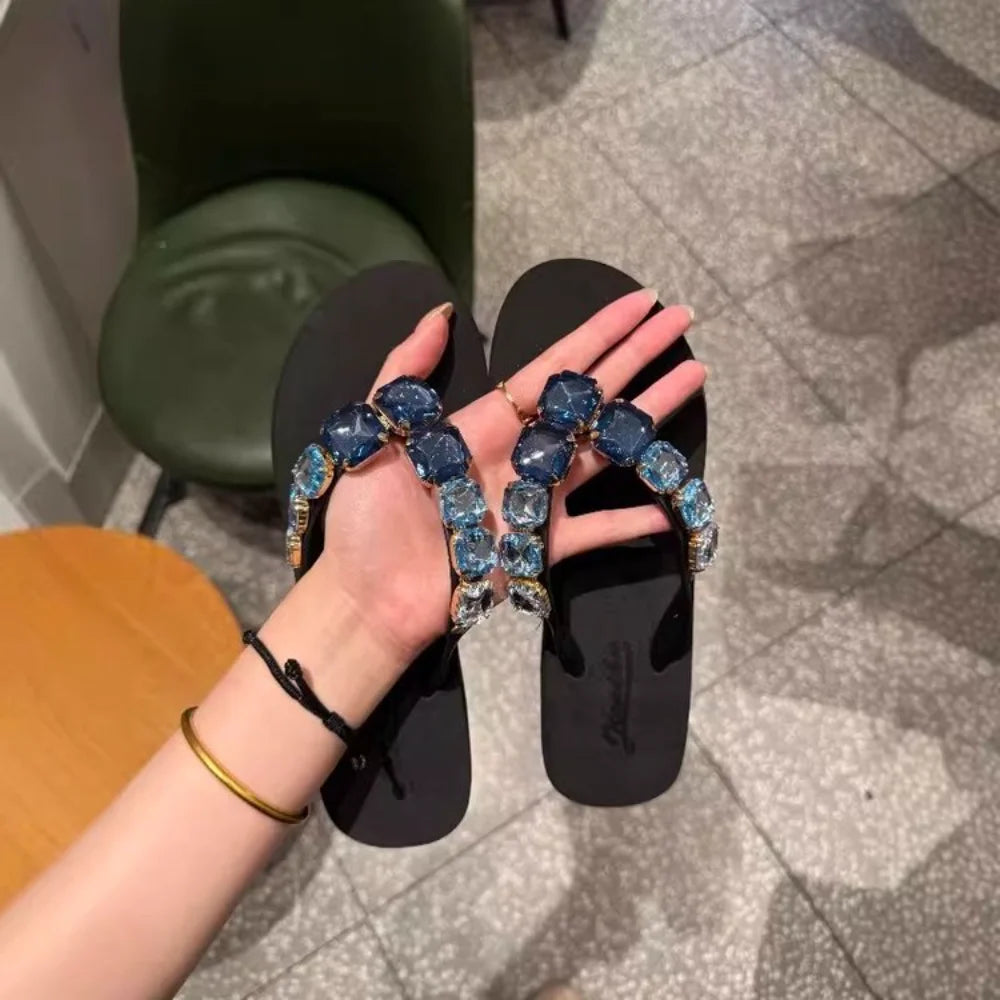 Women’s Blue Crystal Embellished Flip Flops – Luxury Rhinestone Thong Sandals for Beach, Vacation & Casual Summer Wear