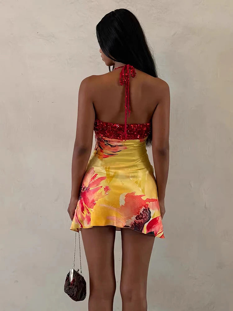 Women’s Red Sequin Floral Mini Dress | Spaghetti Strap Satin Bodycon Party Dress for Vacations, Date Nights & Summer Events
