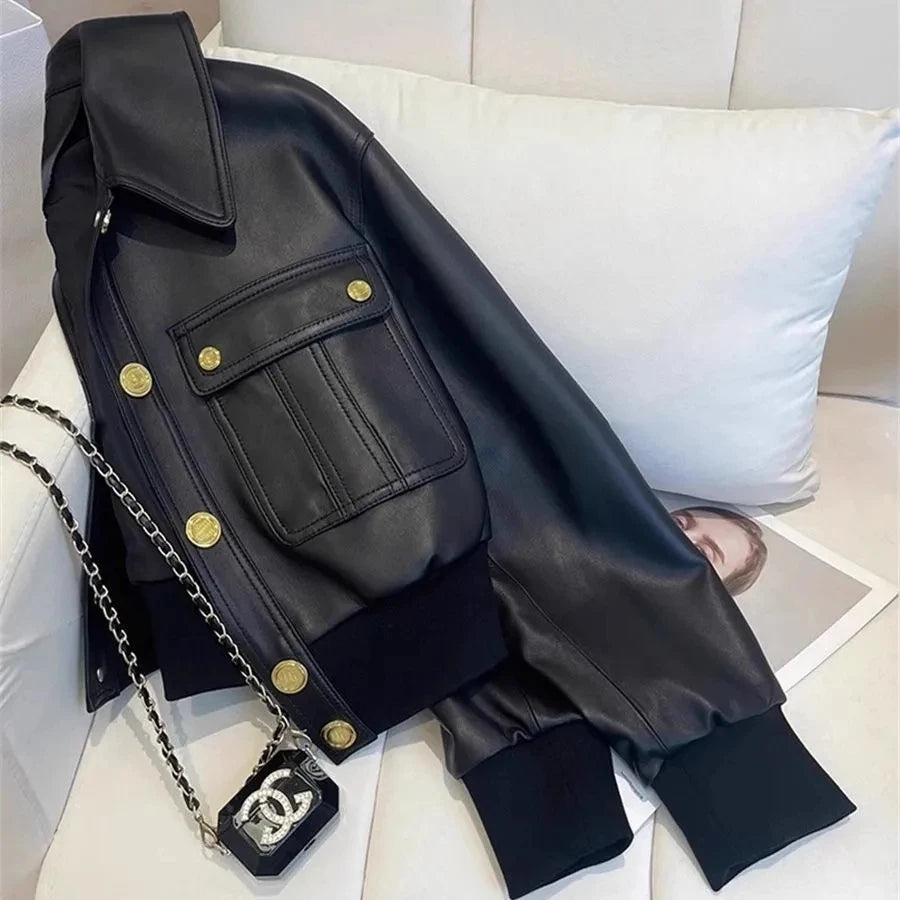 Women’s Black Faux Leather Cropped Bomber Jacket | Oversized Button Front Moto Jacket with Utility Pockets for Fall, Streetwear & Casual Wear
