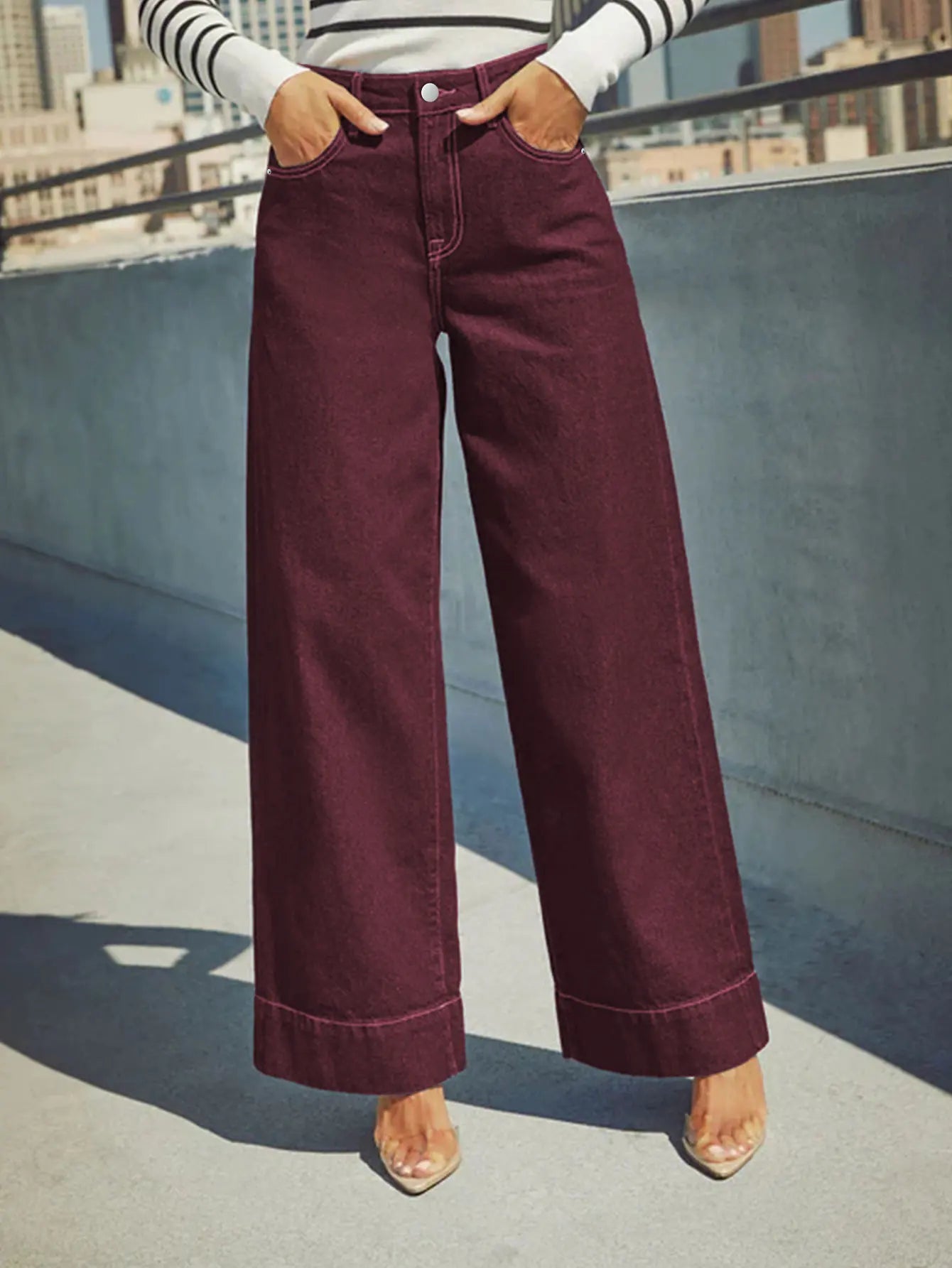 Women High Waist Wide Leg Denim Jeans Casual Straight Fit Palazzo Pants