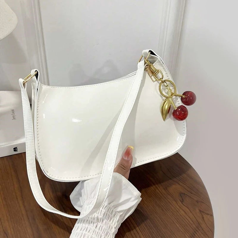 Cherry Charm Patent Leather Shoulder Bag for Women | Y2K Crescent Hobo Bag | Glossy Crossbody Purse | Cute Retro Handbag