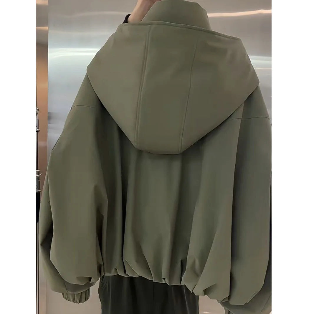 Women’s Oversized Hooded Softshell Jacket | Sage Green Zip-Up Windproof Outdoor Jacket with Stand Collar for Travel, Hiking & Casual Wear