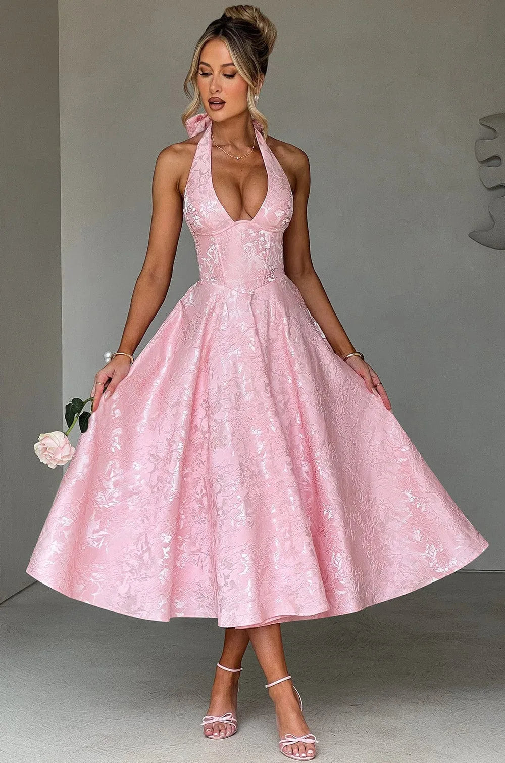 Halter Neck A Line Midi Dress Women | Elegant Party Occasion