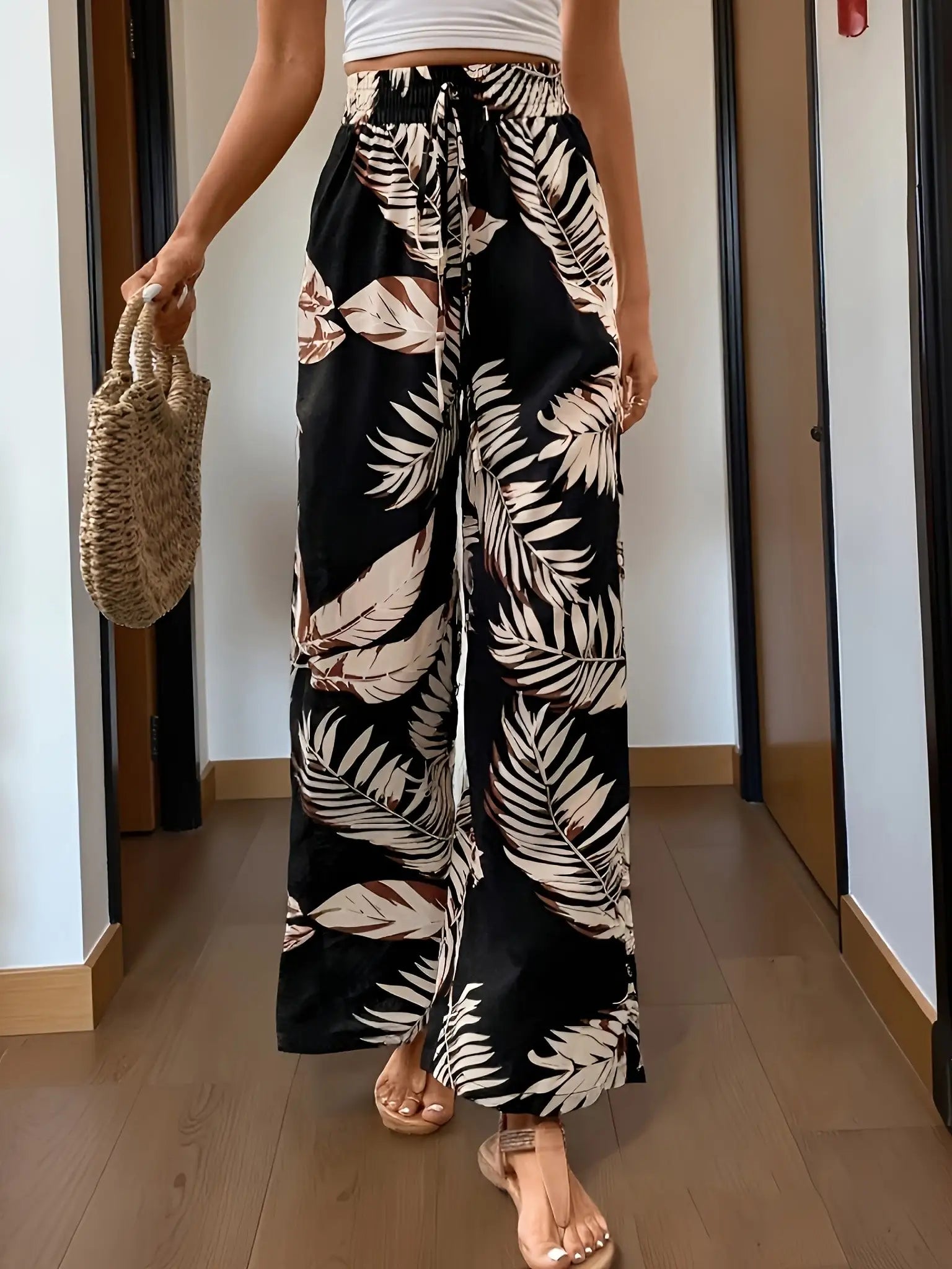 Women Tropical Print Wide Leg Palazzo Pants High Waist Vacation Trousers