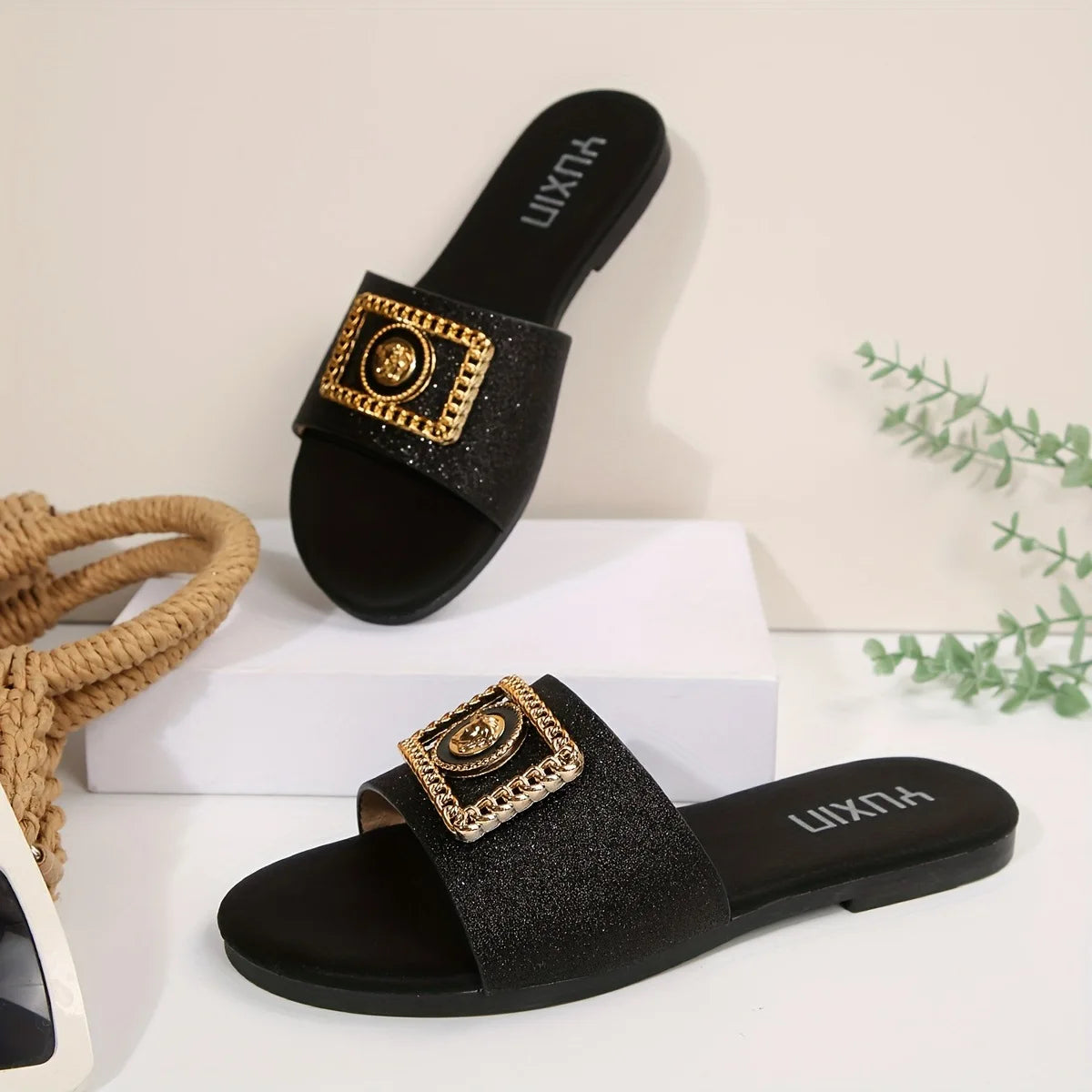 Women’s Embellished Slide Sandals – Elegant Flat Slippers for Casual, Party & Everyday Wear