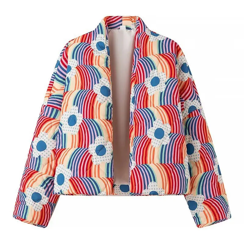 Women’s Rainbow Quilted Puffer Jacket | Colorful Floral Statement Winter Coat