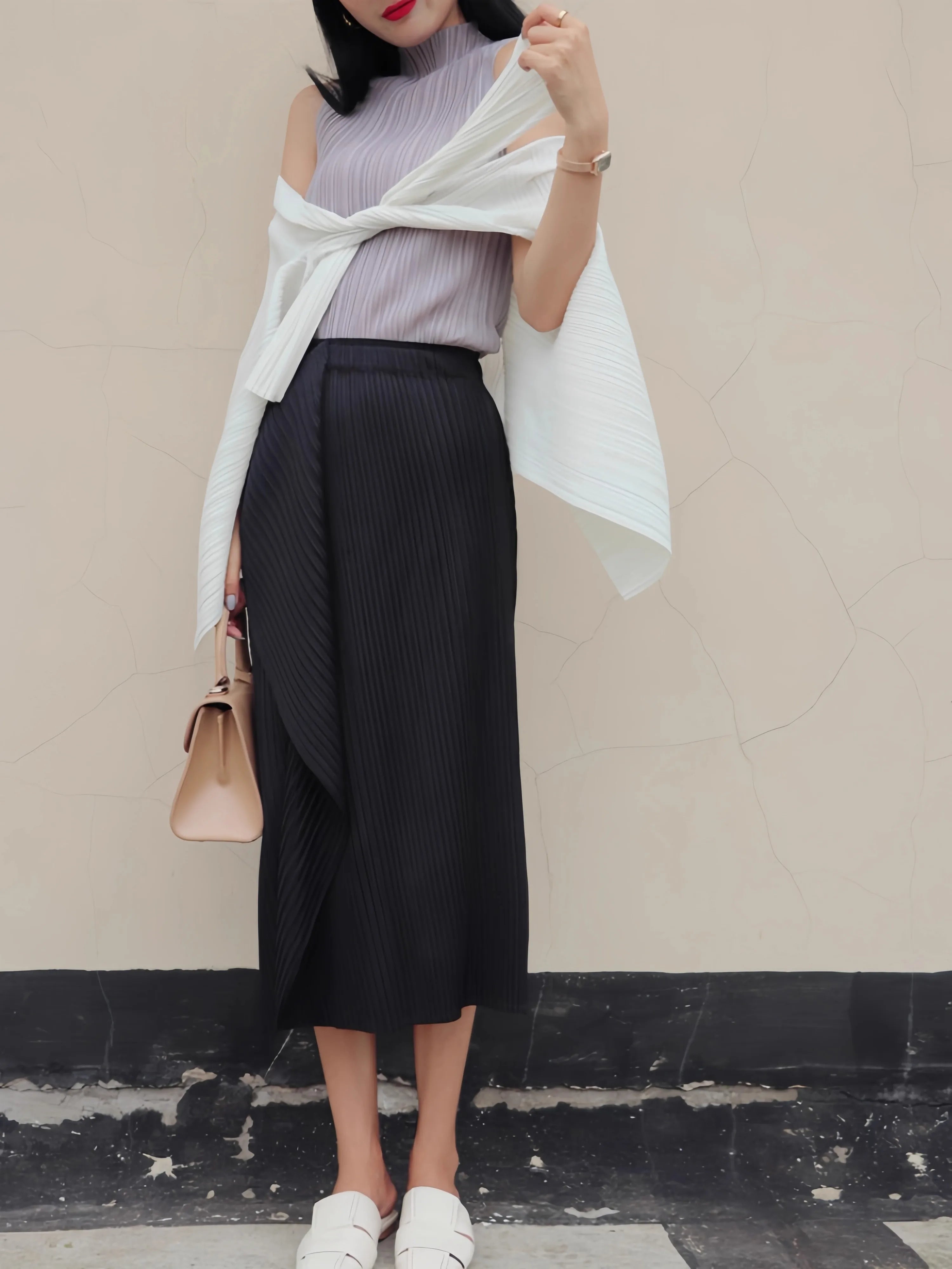 Women Pleated Midi Skirt High Waist Wrap Style Elegant Office Wear Skirt