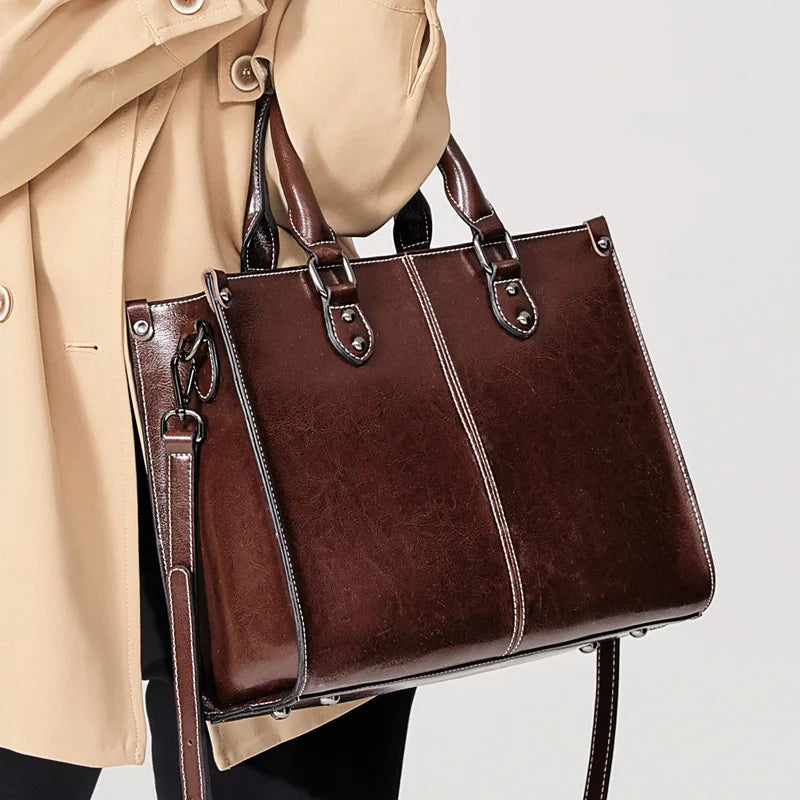 Vintage Leather Tote Bag for Women | Elegant Office Shoulder Handbag | Large Capacity Crossbody Purse | Classic Everyday Shopper Bag