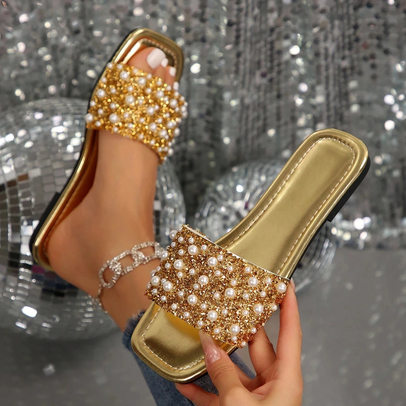 Women’s Pearl Embellished Slide Sandals – Glam Party Flat Slippers for Wedding & Occasion Wear
