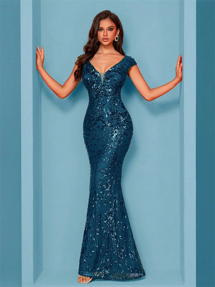 Women’s Navy Blue Sequin Mermaid Evening Gown | V-Neck Formal Maxi Dress for Prom, Galas, Weddings & Black Tie Events