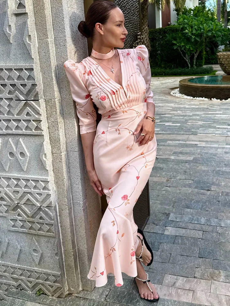 Women’s Blush Pink Floral Mermaid Midi Dress | Vintage Puff Sleeve V-Neck Elegant Wedding Guest Dress
