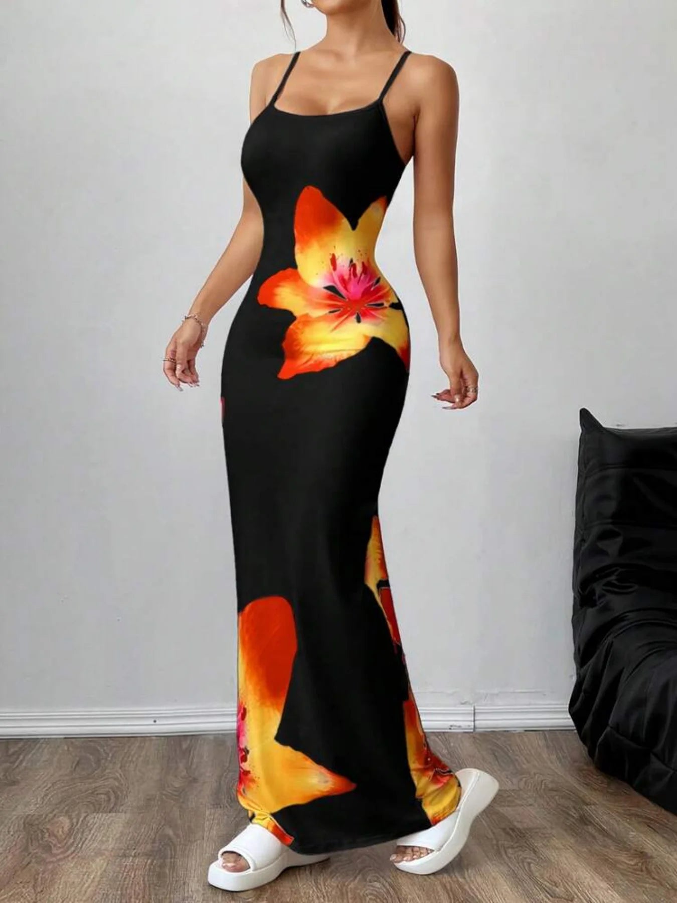 Black Floral Maxi Dress Women | Bodycon Spaghetti Strap Summer Slip Dress