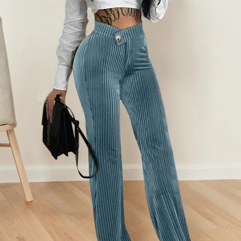 Women High Waist Ribbed Velvet Pants Slim Fit Straight Leg Trousers