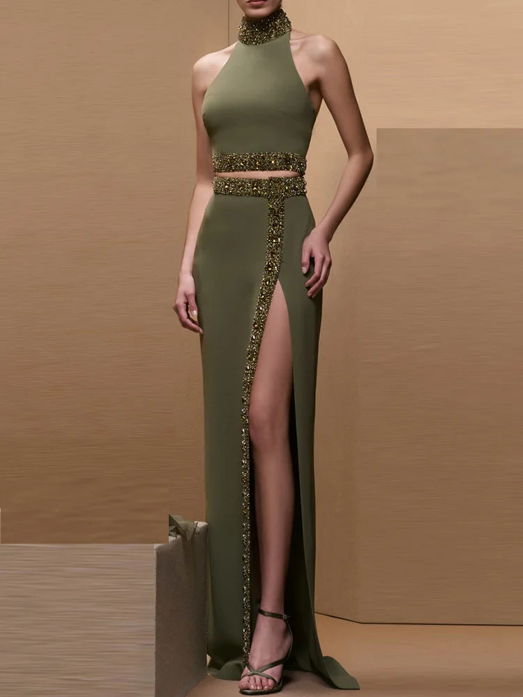 Women's Embellished Halter Crop Top & High Split Maxi Skirt Co-Ord Set | Luxury Evening Two Piece Outfit