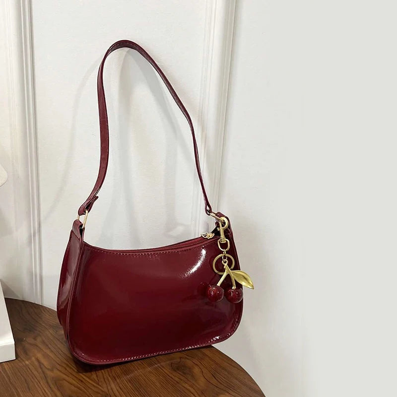 Cherry Charm Patent Leather Shoulder Bag for Women | Y2K Crescent Hobo Bag | Glossy Crossbody Purse | Cute Retro Handbag