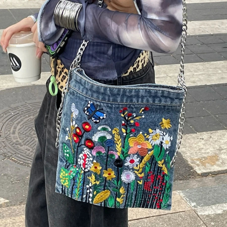 Embroidered Denim Shoulder Bag for Women | Floral Chain Crossbody Purse | Vintage Casual Handbag | Trendy Everyday Tote