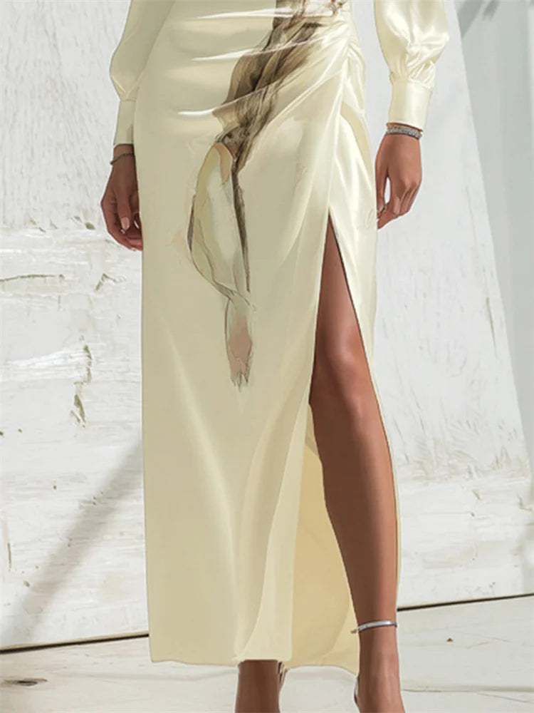 Floral Bodycon Midi Dress Women | Long Sleeve High Slit Elegant Dress