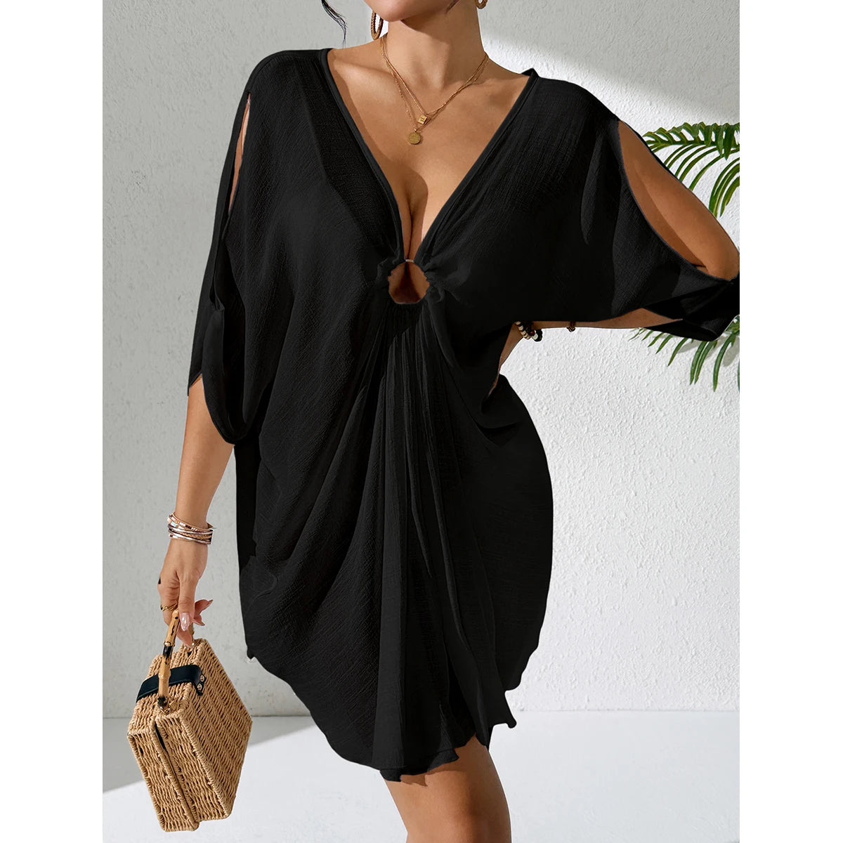 Boho Beach Cover Up | Loose V Neck Mini Dress