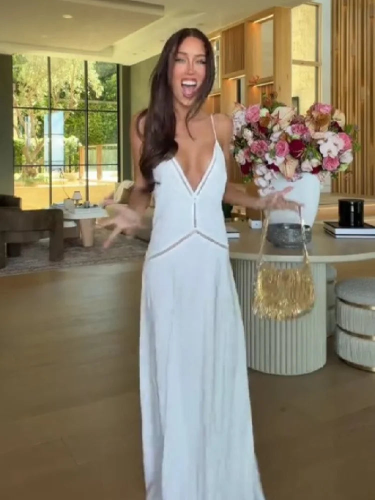 Women’s White Backless Satin Maxi Dress | Deep V-Neck Strappy Evening Gown for Weddings, Vacations & Resort Wear