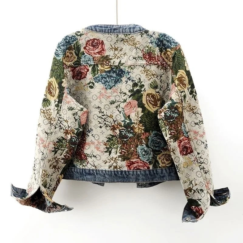 Women’s Floral Tapestry Denim Jacket | Vintage Embroidered Boho Cropped Statement Coat