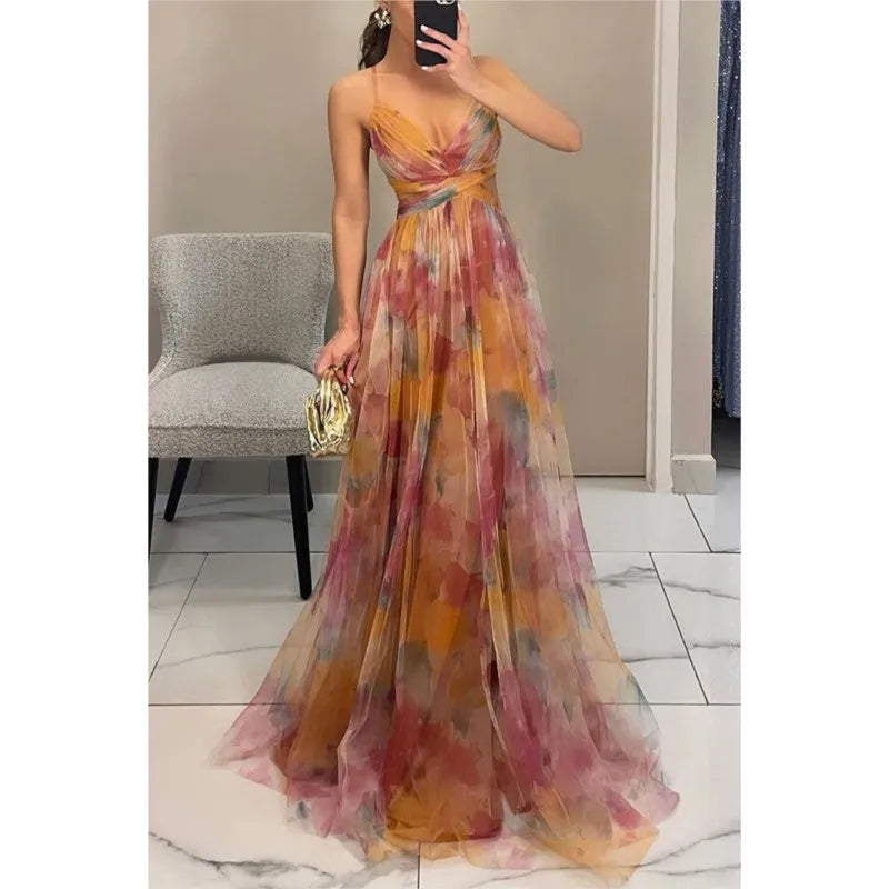 Printed Tulle Maxi Dress Women | Elegant Spaghetti Strap Evening Dress