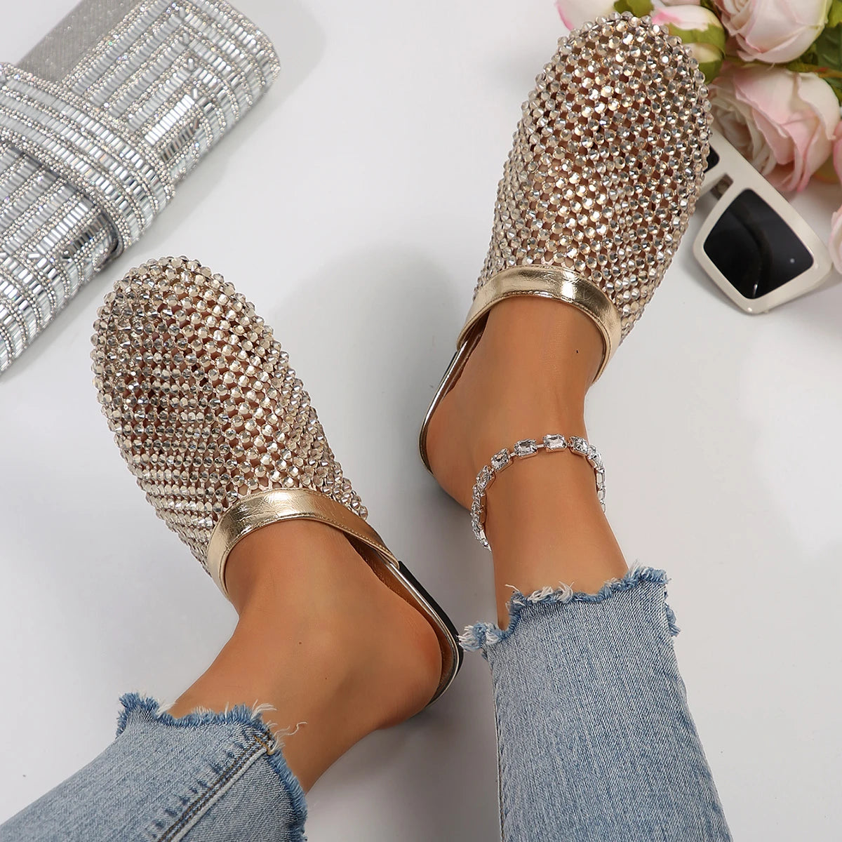 Women’s Rhinestone Mesh Mule Flats – Elegant Slip-On Party Loafers for Wedding & Evening Wear