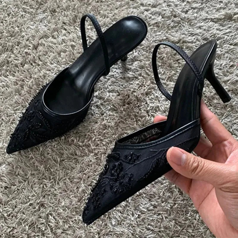 Women’s Embroidered Mesh Slingback Heels – Elegant Pointed Toe Party Pumps for Wedding & Evening Wear