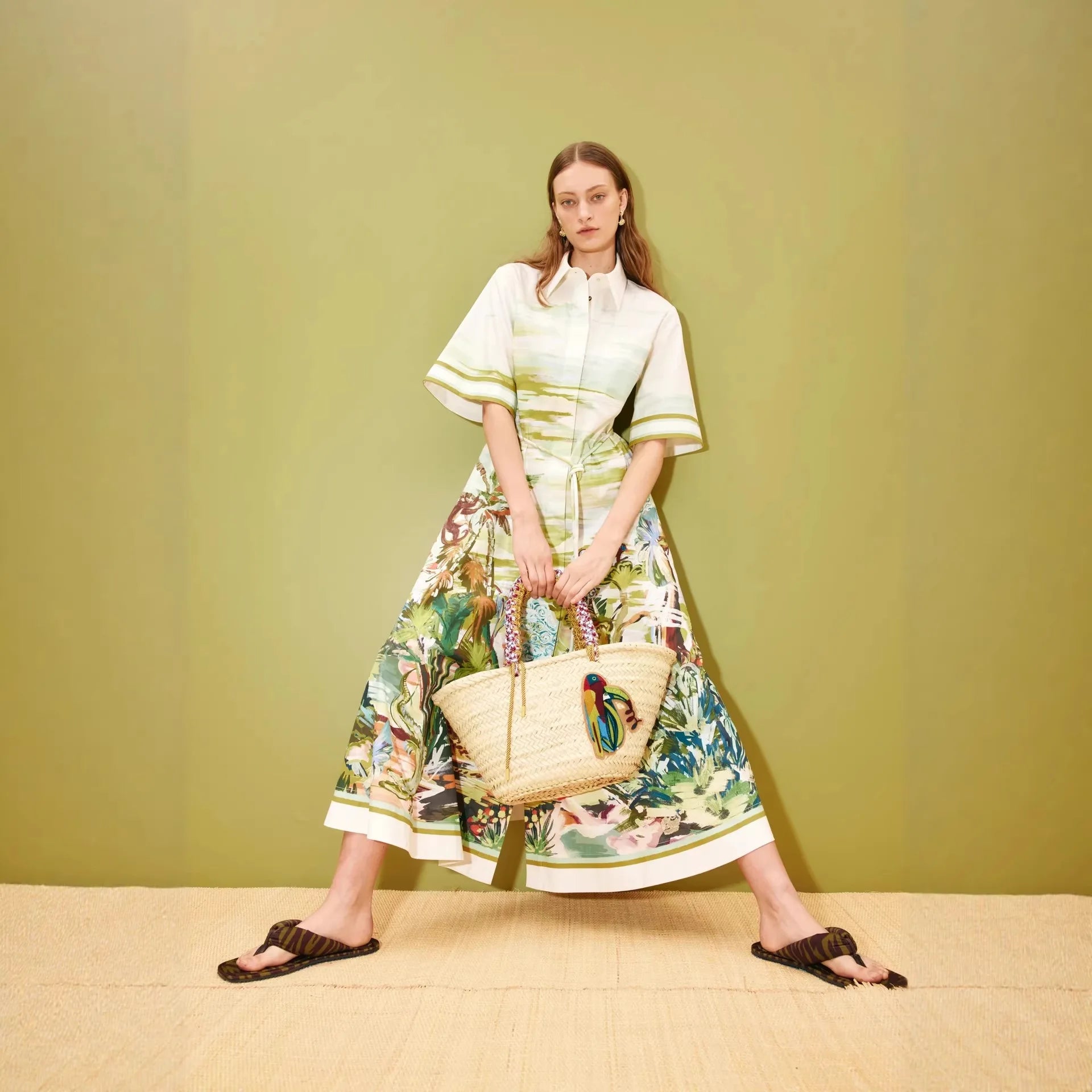 Women’s Tropical Print Midi Dress | Elegant Resort Shirt Dress with Belted Waist