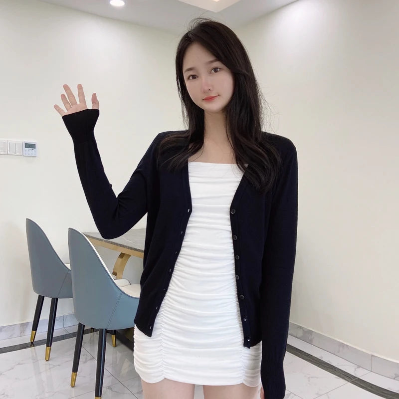 Women’s Black Lightweight Knit Cardigan | Slim Fit Button-Up V Neck Layering Sweater for Everyday Wear