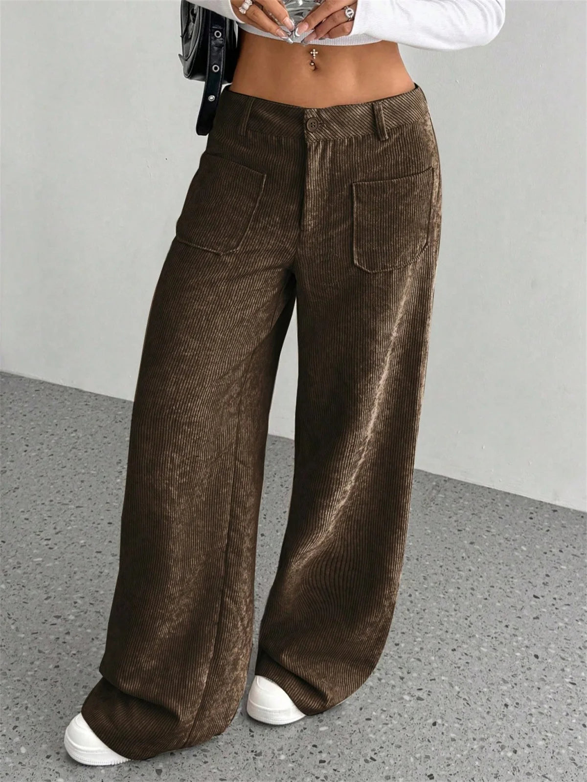 Women High Waist Corduroy Wide Leg Pants Casual Relaxed Fit Trousers
