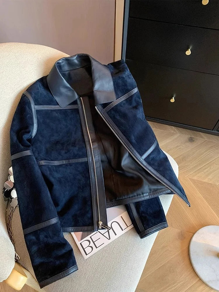 Women’s Navy Blue Faux Suede Moto Jacket | Zip-Up Cropped Biker Jacket with Faux Leather Trim for Casual, Streetwear & Fall Fashion