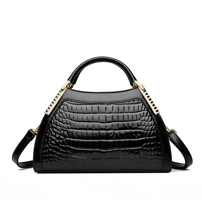 Black Crocodile Embossed Top Handle Handbag for Women | Luxury Patent Leather Satchel | Elegant Shoulder & Crossbody Purse
