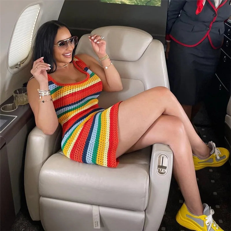 Rainbow Crochet Mini Dress Women | Sleeveless Knit Bodycon Summer Dress