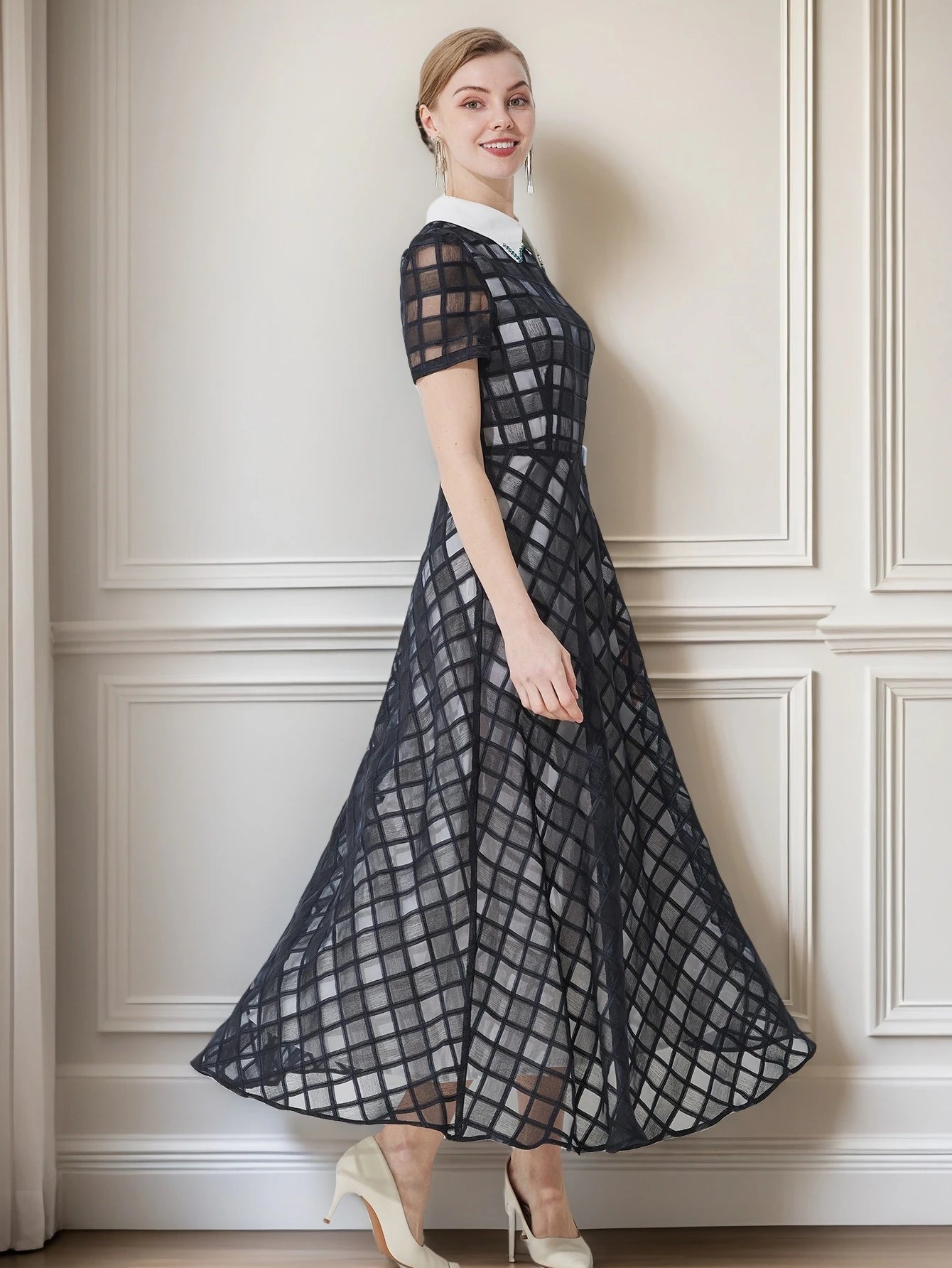 Mesh A Line Midi Dress Women | Short Sleeve Collared Elegant Party Dress