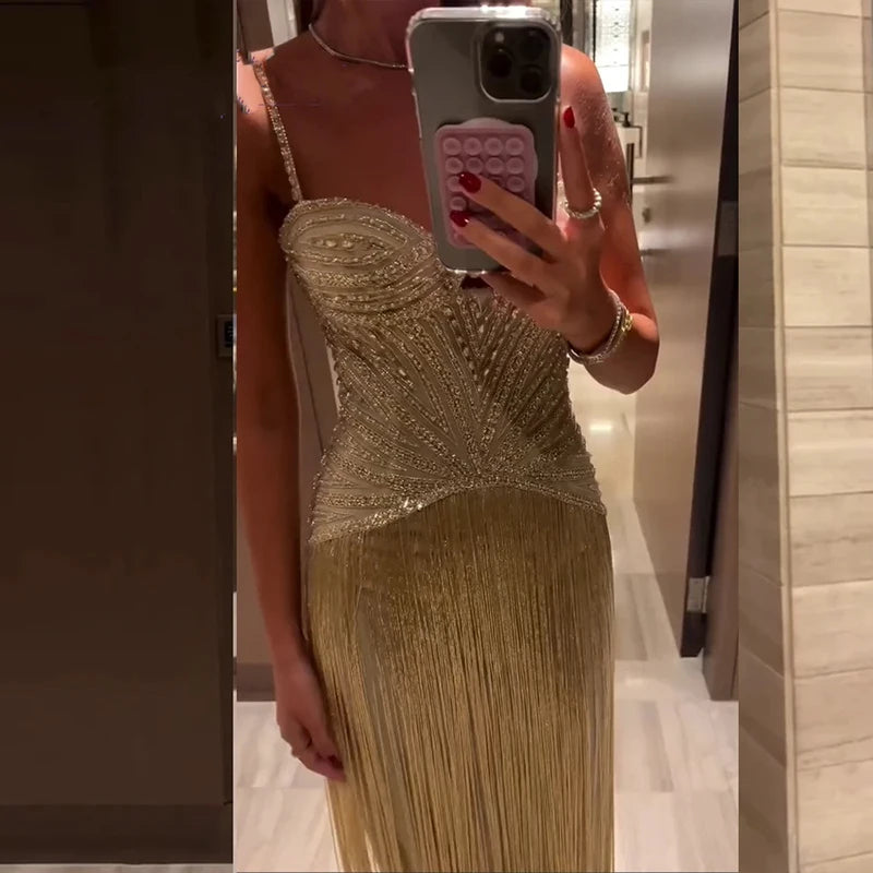 Women’s Gold Sequin Fringe Evening Gown | Strapless Corset Maxi Dress for Galas, Prom, Weddings & Formal Events