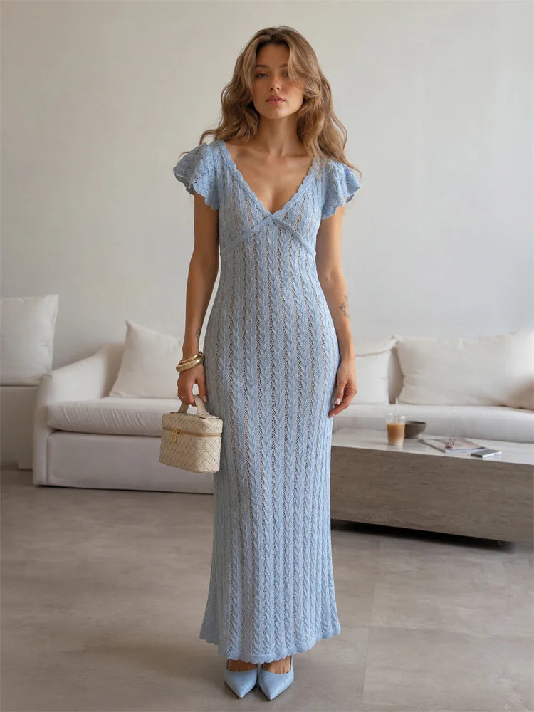 Women’s Cable Knit Maxi Dress | Ruffle Sleeve V-Neck Sweater Dress for Spring, Vacation & Elegant Casual Wear