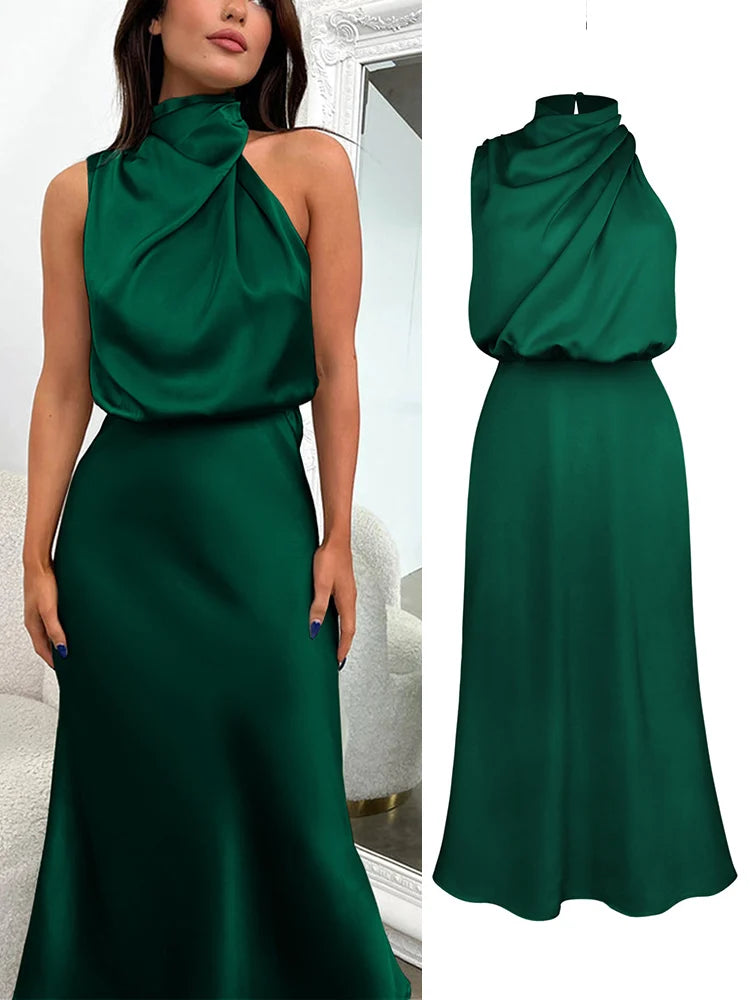 High Neck Satin Maxi Dress Women | Sleeveless Elegant Evening Dress