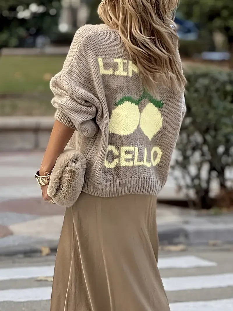 Women’s Oversized Graphic Knit Sweater | Vintage Fruit Pattern Cozy Chunky Pullover