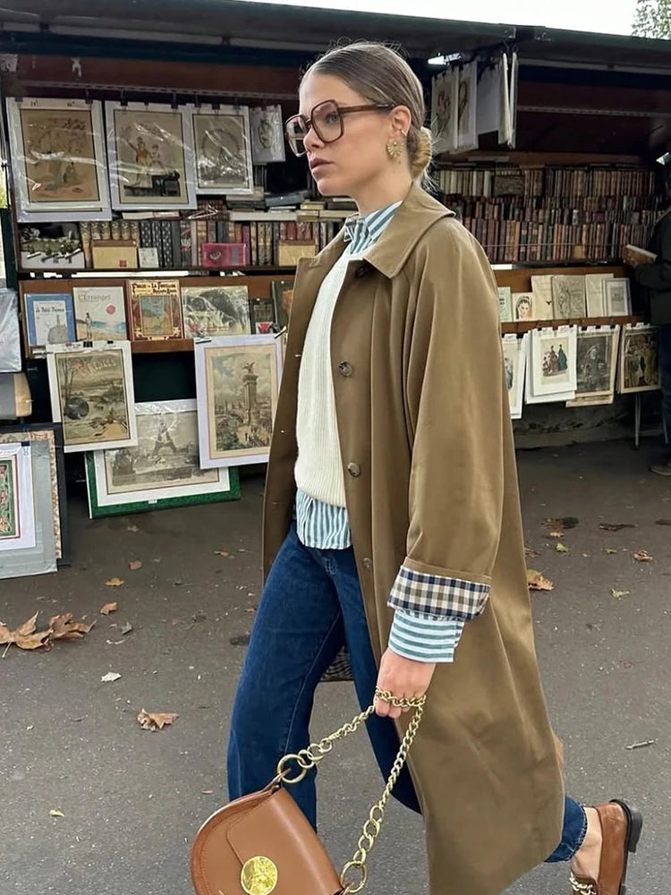 Women’s Classic Beige Trench Coat | Minimalist Long Button Front Overcoat Jacke