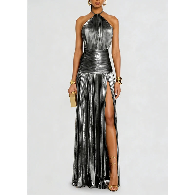Halter Neck Pleated Maxi Dress Women | High Split Evening Party Dress